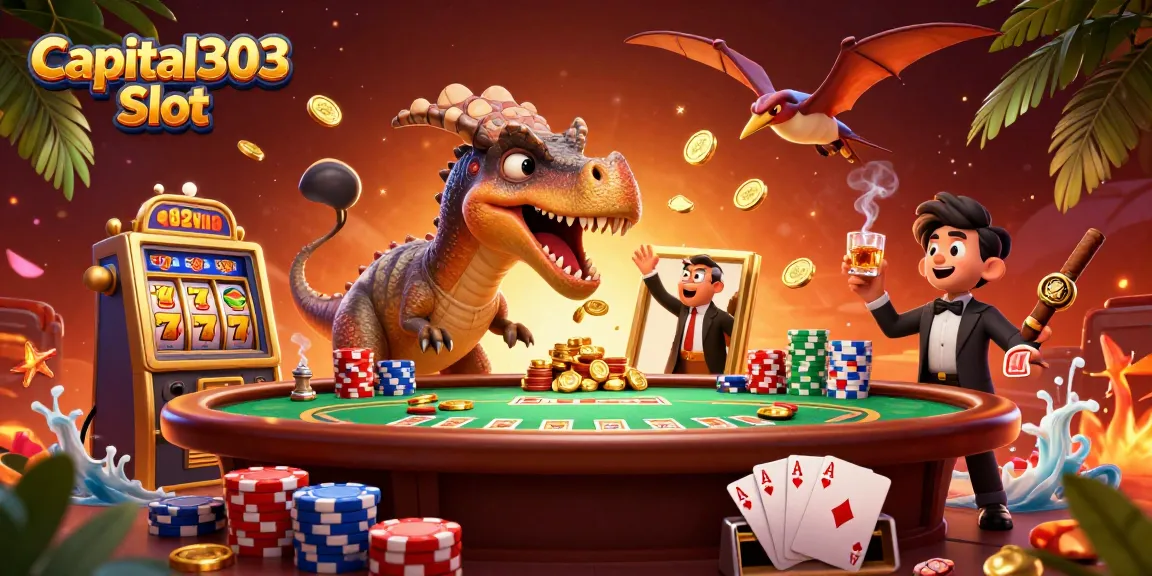 Experience thrilling wins with the Capital303 Slot as a dinosaur interacts with a golden slot machine amidst vibrant casino elements.
