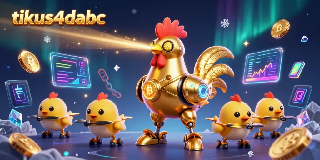 Mainkan tikus4dabc dengan robot ayam emas futuristik dan koin crypto yang bersinar
