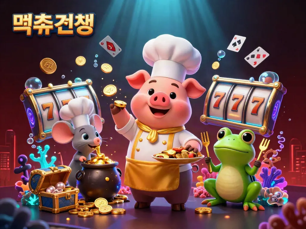 Engaging scene depicting 먹튀검증 with a chef pig, sous-chef mouse, and critic frog amidst spinning slot reels and exploding treasure.
