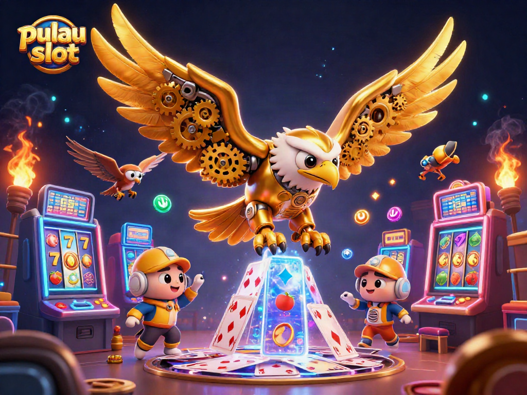 Engage with pulau slot action as a golden eagle dives through vibrant slot machine elements.