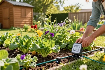 Gardener using rainpoint smart sprinkler controller in a vibrant backyard garden.