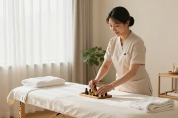 High-quality scene of 고양출장마사지 preparation with a Korean massage therapist in a tranquil setting.