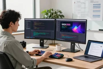 Programmer coding on dual monitors showcasing NAGA2000 in a modern tech workspace